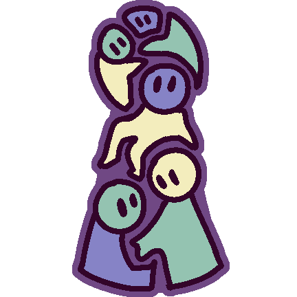 a simple silhouette of a person filled with smaller people, in the colors of the kenochoric plural flag (three shades of purple, light green and yellow)